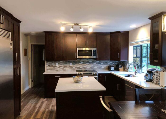 Quartz Countertops Surrey & crisp cabinetry design in Cloverdale, Surrey, BC.