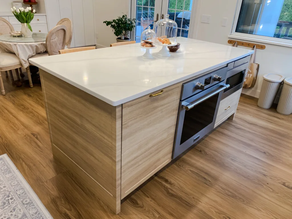 Wood Colour Kitchen Island & functional storage solutions in Guildford, Surrey, BC.