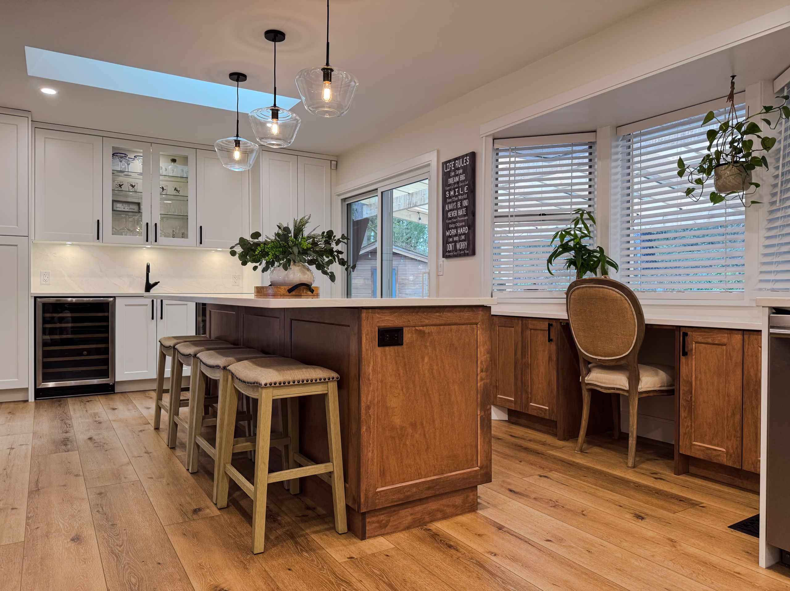 Side view with wine fridge and desk nook & abundant natural lighting in Murrayville, Langley, BC.