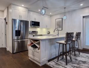 Dream series in-stock cabinets & durable quartz surfaces in Queen's Park, New Westminster, BC.